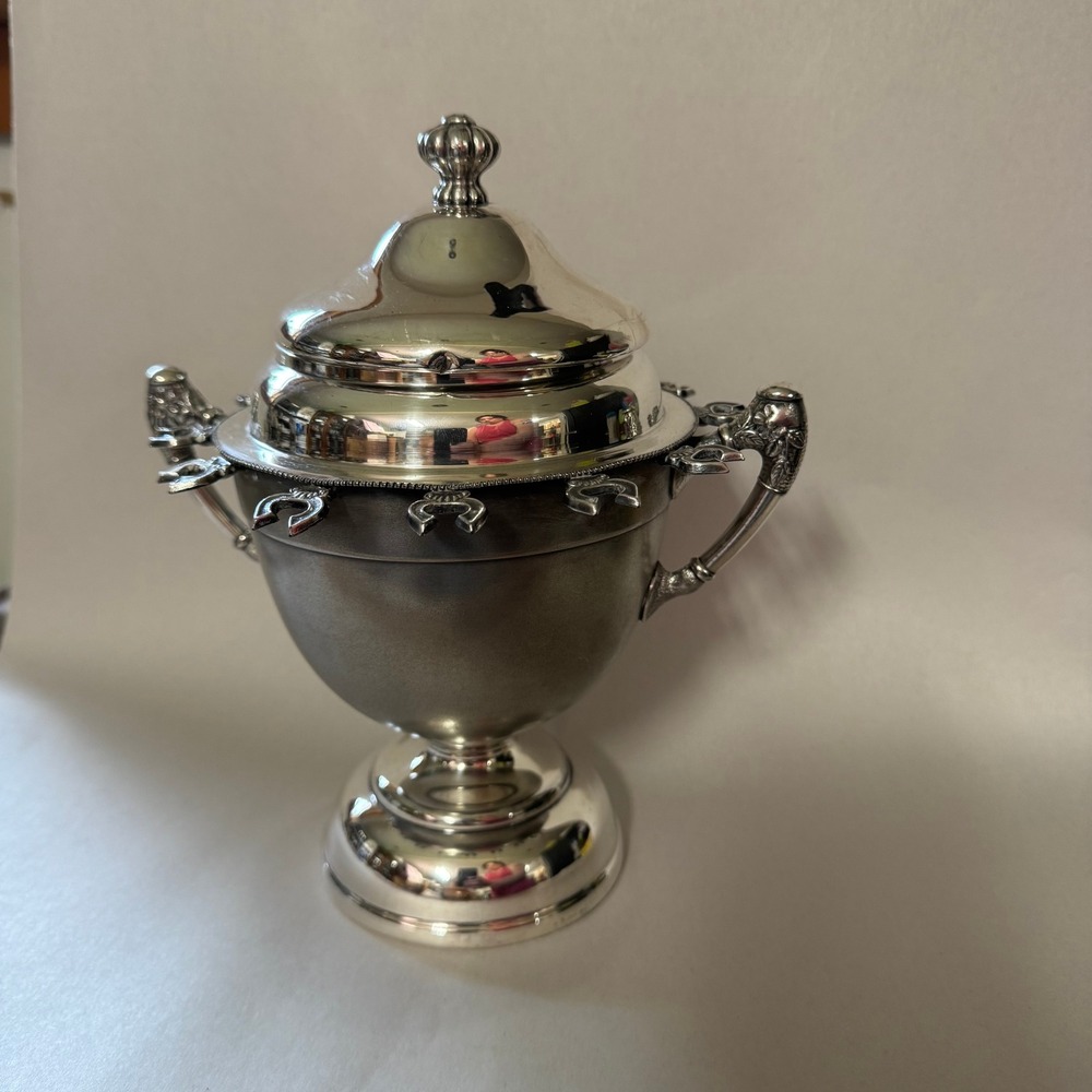 Vtg Britannia Metal Quadruple Plate Spoon Holder Caddy w/ Lid Horseshoe Motif